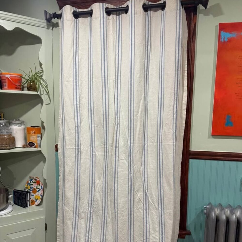 3 VINTAGE 49W x 80L Blue Striped 100% Curtains. GOOD USED VINTAGE CONDITION